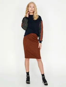 12202 Brown Patterned Knee Length Skirt