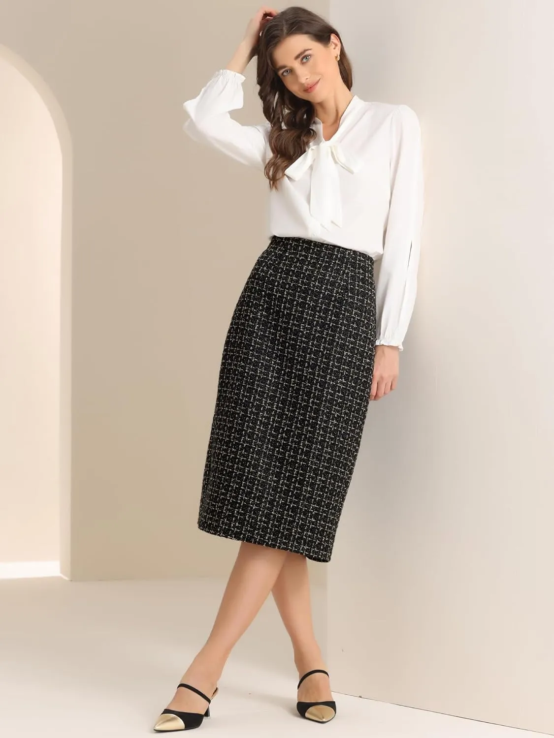 Allegra K Women's Plaid Tweed High Waist Work Office Bodycon Pencil Skirt