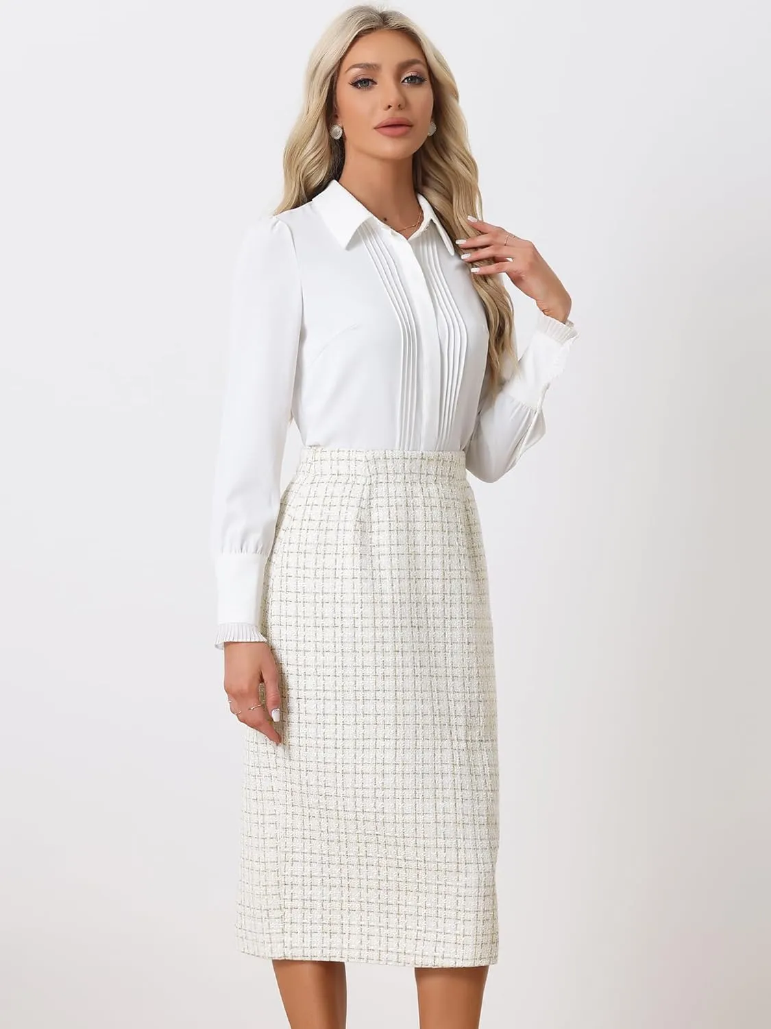 Allegra K Women's Plaid Tweed High Waist Work Office Bodycon Pencil Skirt