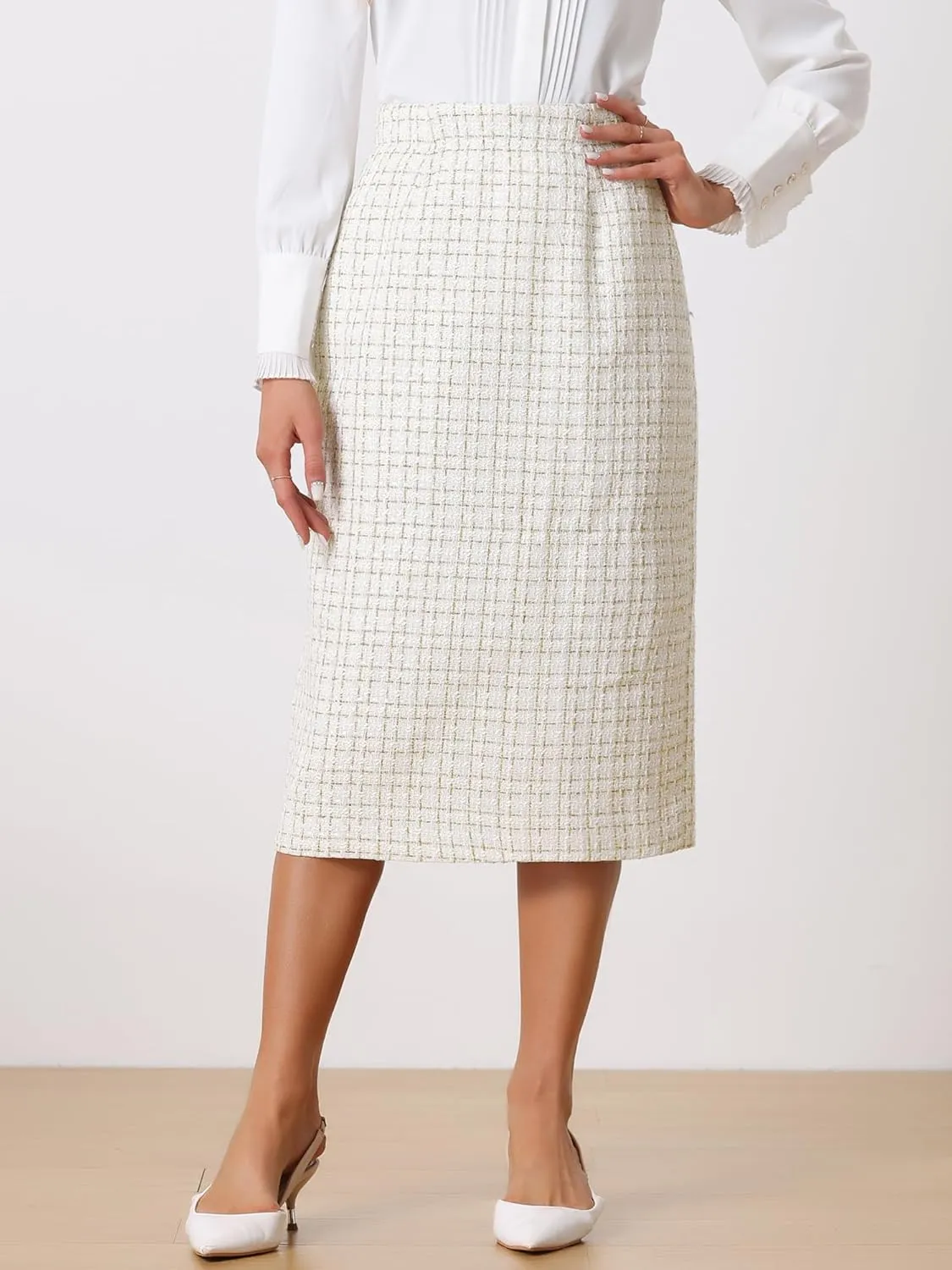 Allegra K Women's Plaid Tweed High Waist Work Office Bodycon Pencil Skirt