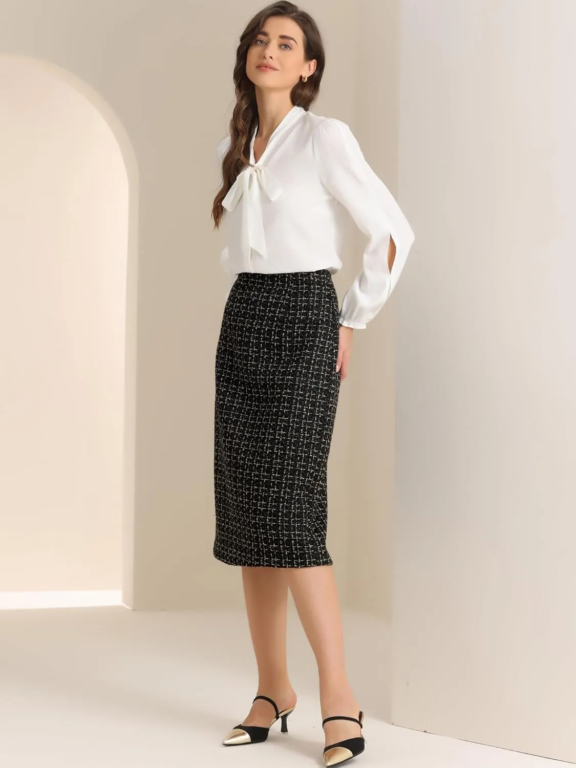 Allegra K Women's Plaid Tweed High Waist Work Office Bodycon Pencil Skirt