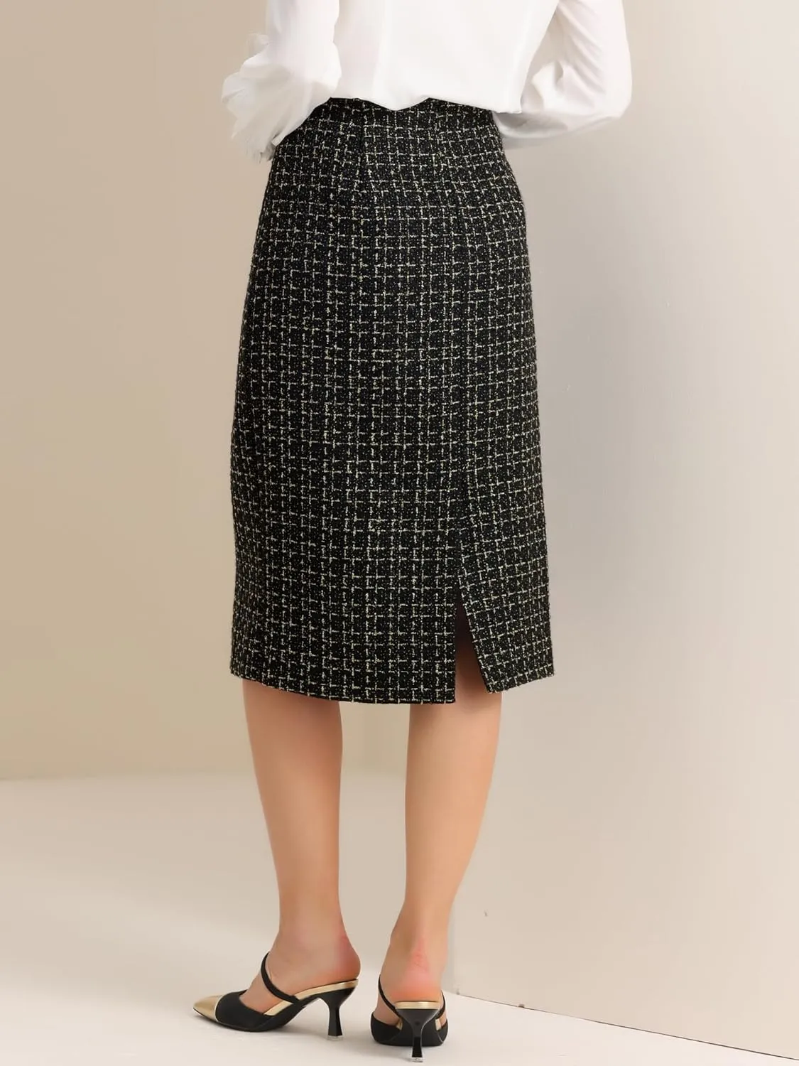 Allegra K Women's Plaid Tweed High Waist Work Office Bodycon Pencil Skirt