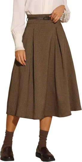 Allegra K Women's Winter Fall Homecoming Vintage A-Line Elastic High Waist Swing Plaid Midi Skirt with Belt