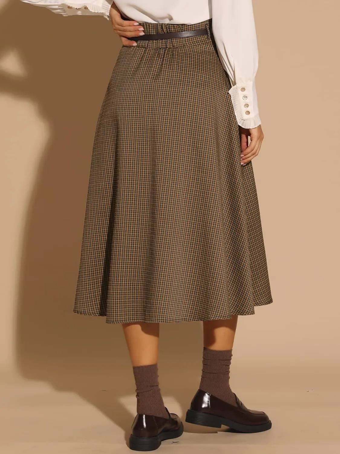 Allegra K Women's Winter Fall Homecoming Vintage A-Line Elastic High Waist Swing Plaid Midi Skirt with Belt