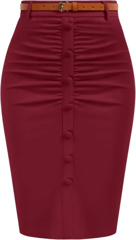Belle Poque Women's Stretchy Pencil Skirts for Women Womens High Waist Midi Skirt Bodycon Pencil Skirts Vintage with Belt