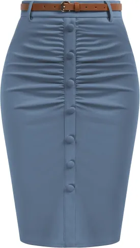 Belle Poque Women's Stretchy Pencil Skirts for Women Womens High Waist Midi Skirt Bodycon Pencil Skirts Vintage with Belt