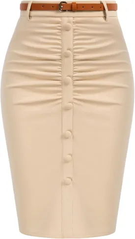 Belle Poque Women's Stretchy Pencil Skirts for Women Womens High Waist Midi Skirt Bodycon Pencil Skirts Vintage with Belt