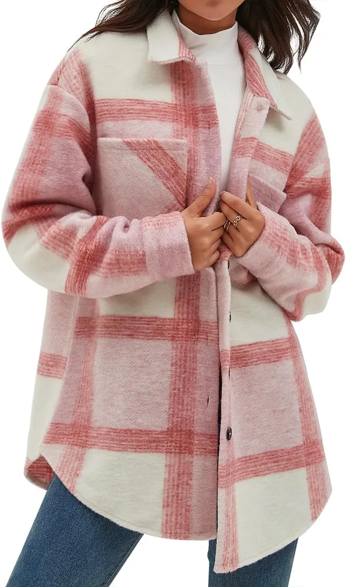 CHYRII Women's Casual Flannel Plaid Shacket Button Down Long Sleeve Shirt Jacket Coats with Pockets