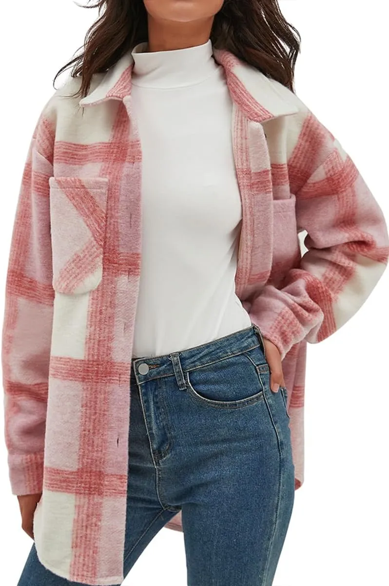 CHYRII Women's Casual Flannel Plaid Shacket Button Down Long Sleeve Shirt Jacket Coats with Pockets