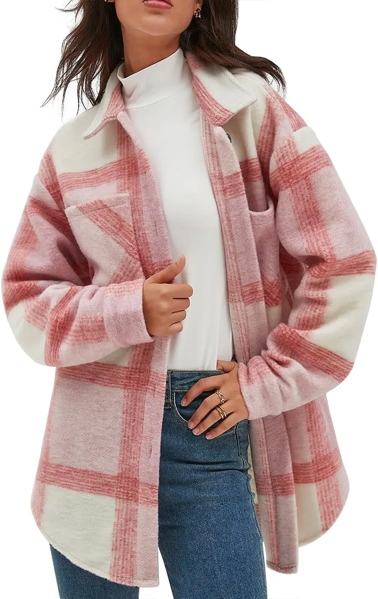 CHYRII Women's Casual Flannel Plaid Shacket Button Down Long Sleeve Shirt Jacket Coats with Pockets