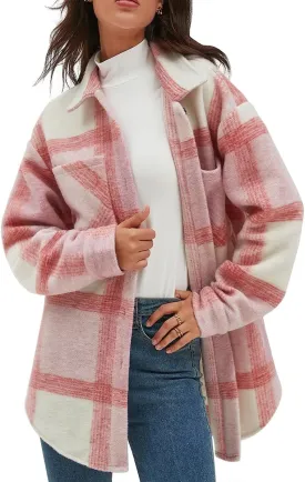 CHYRII Women's Casual Flannel Plaid Shacket Button Down Long Sleeve Shirt Jacket Coats with Pockets