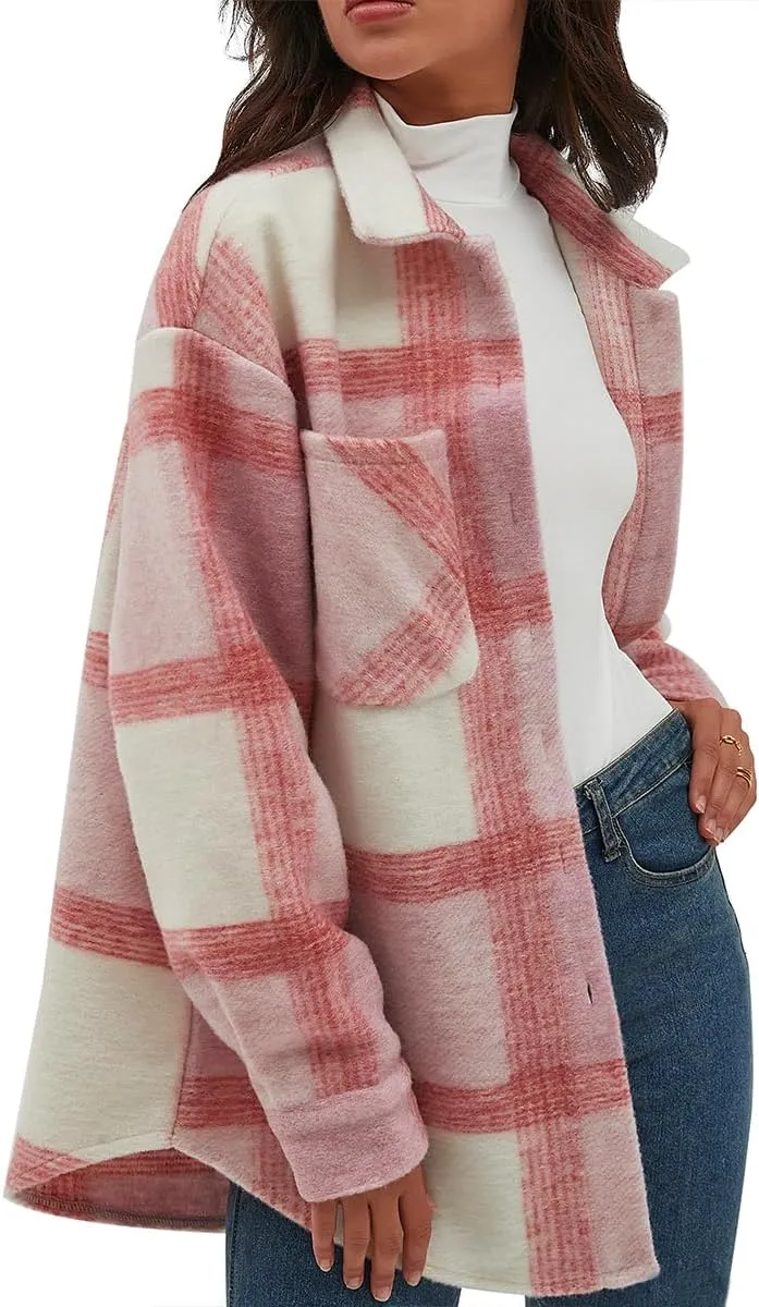 CHYRII Women's Casual Flannel Plaid Shacket Button Down Long Sleeve Shirt Jacket Coats with Pockets