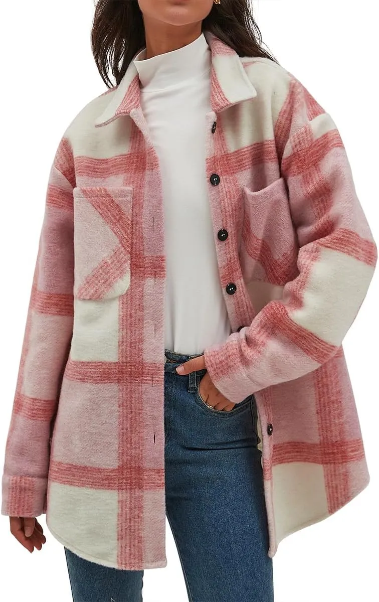 CHYRII Women's Casual Flannel Plaid Shacket Button Down Long Sleeve Shirt Jacket Coats with Pockets
