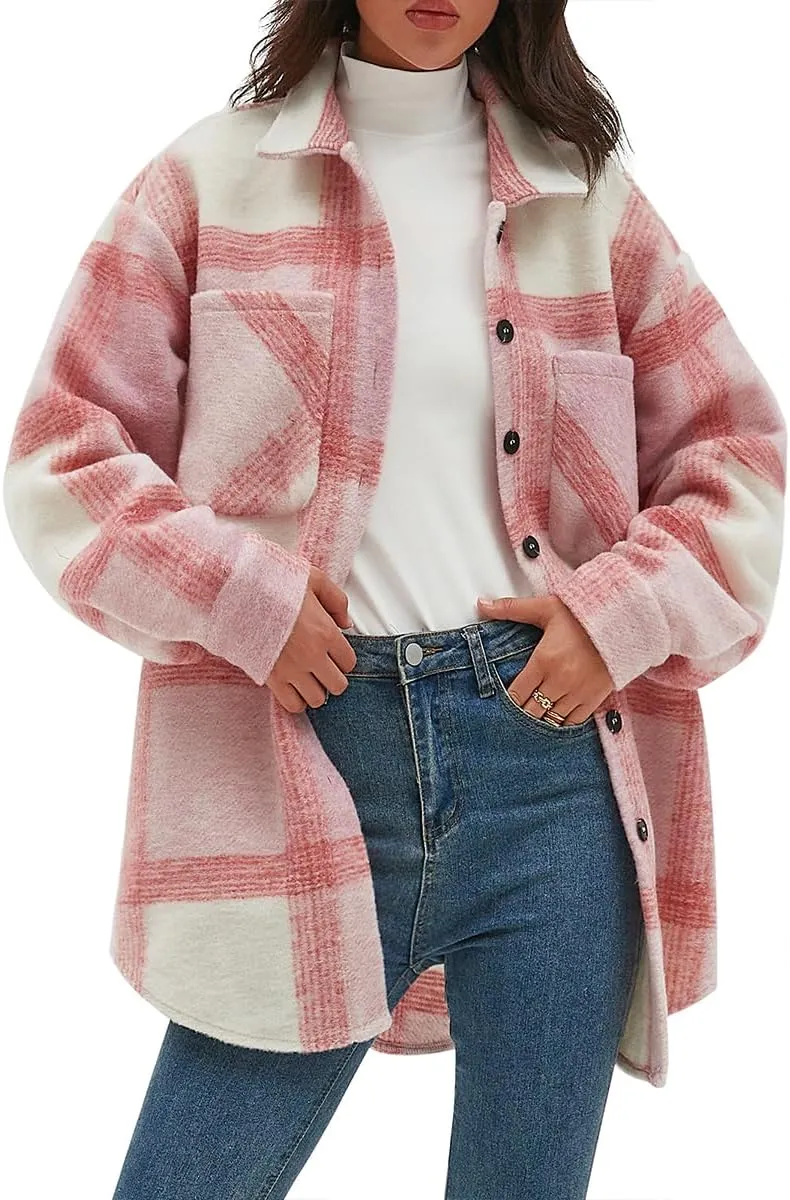 CHYRII Women's Casual Flannel Plaid Shacket Button Down Long Sleeve Shirt Jacket Coats with Pockets