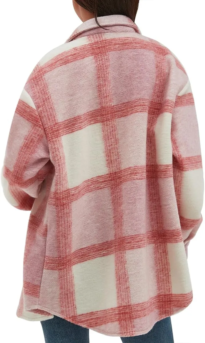 CHYRII Women's Casual Flannel Plaid Shacket Button Down Long Sleeve Shirt Jacket Coats with Pockets