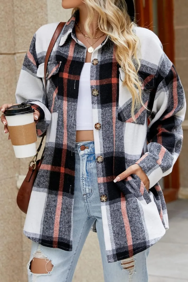 CHYRII Women's Casual Flannel Plaid Shacket Button Down Long Sleeve Shirt Jacket Coats with Pockets