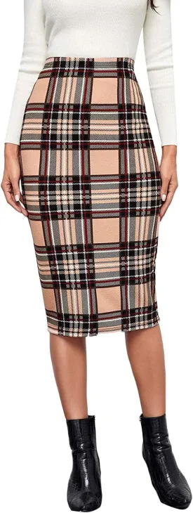 Floerns Women's Plaid Print High Waist Knee Length Bodycon Pencil Skirt