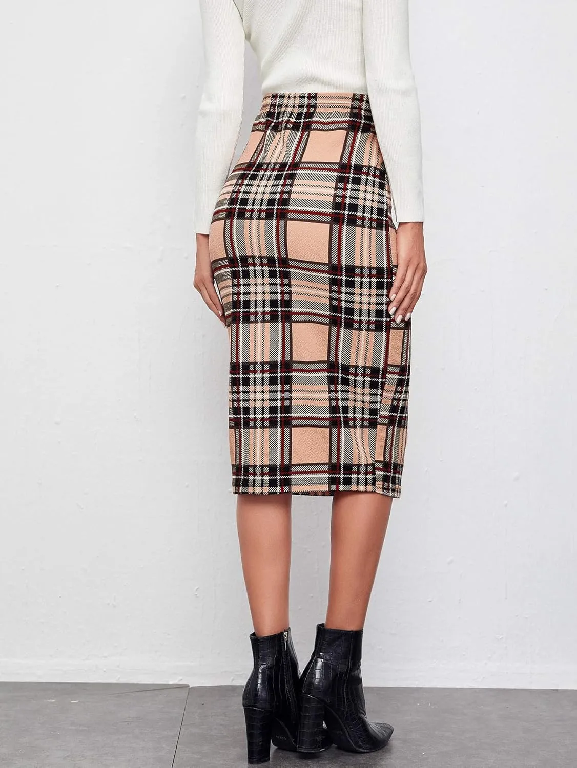 Floerns Women's Plaid Print High Waist Knee Length Bodycon Pencil Skirt