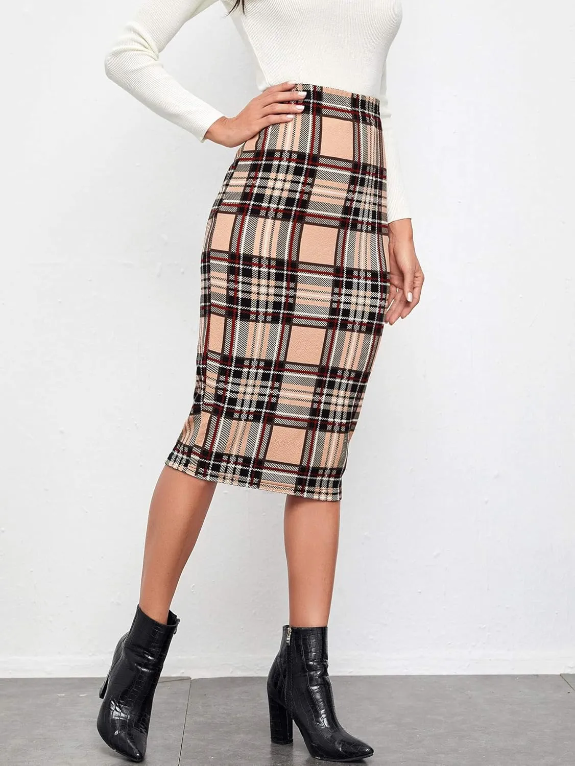 Floerns Women's Plaid Print High Waist Knee Length Bodycon Pencil Skirt