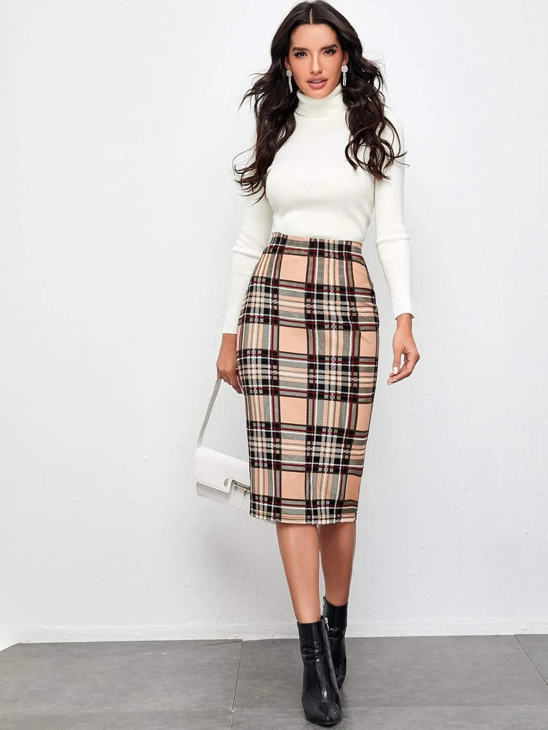 Floerns Women's Plaid Print High Waist Knee Length Bodycon Pencil Skirt