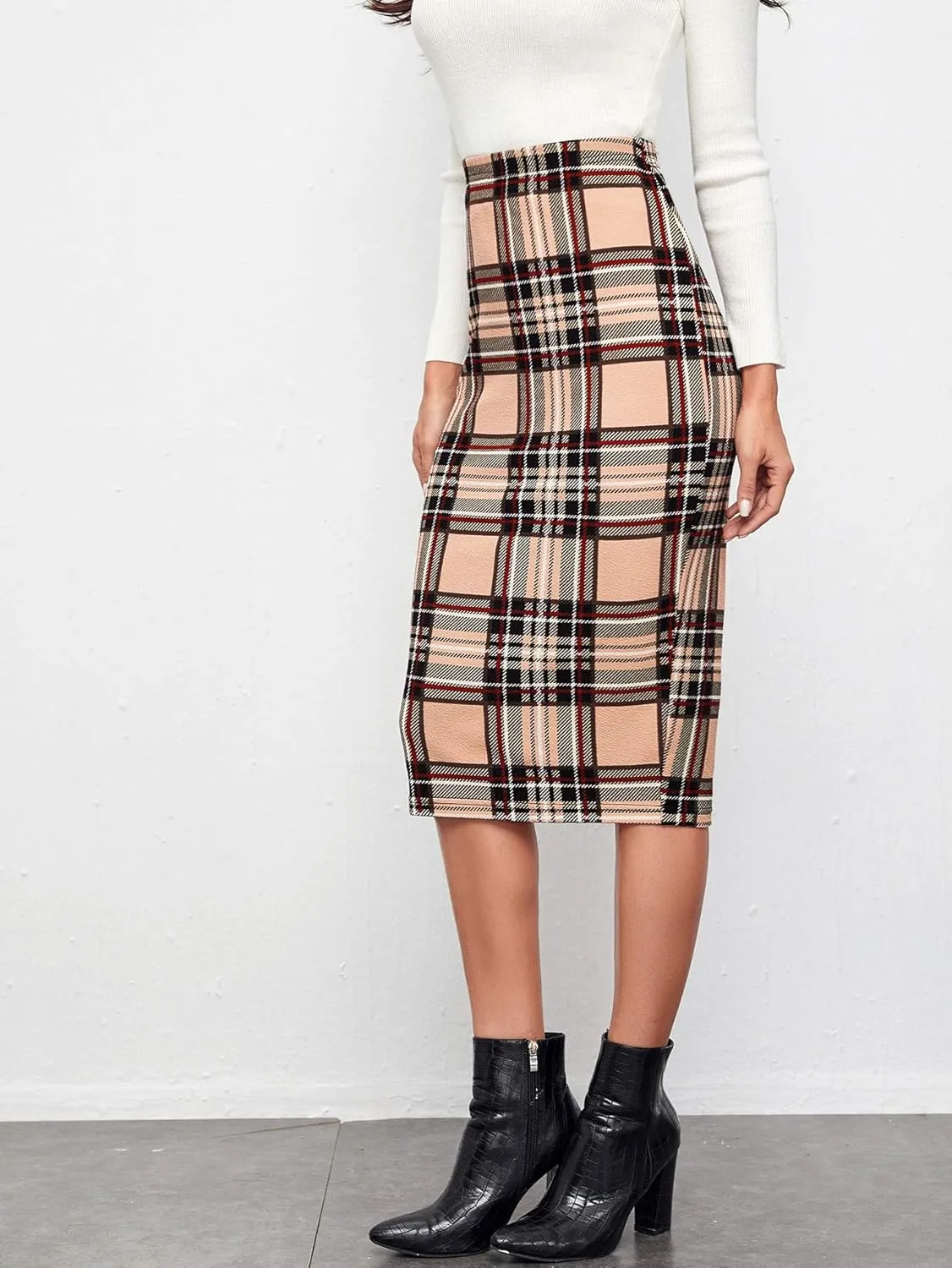 Floerns Women's Plaid Print High Waist Knee Length Bodycon Pencil Skirt