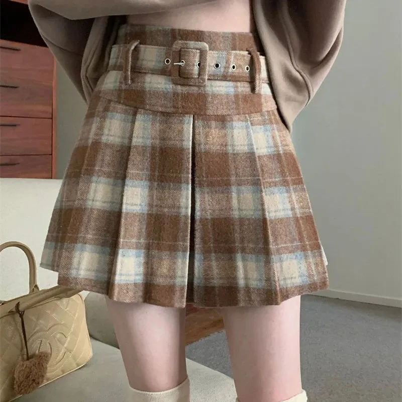 Girlary Vintage Plaid Wool Skirt Women Preppy Style Sweet Mini Skirts Korean Fashion Autumn Winter Retro Pleated Short Skirts