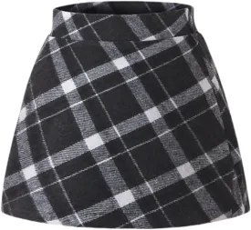 Girls Wool Plaid Mini Skirt Fall Winter High Waisted Bodycon Pencil Uniform Skirts