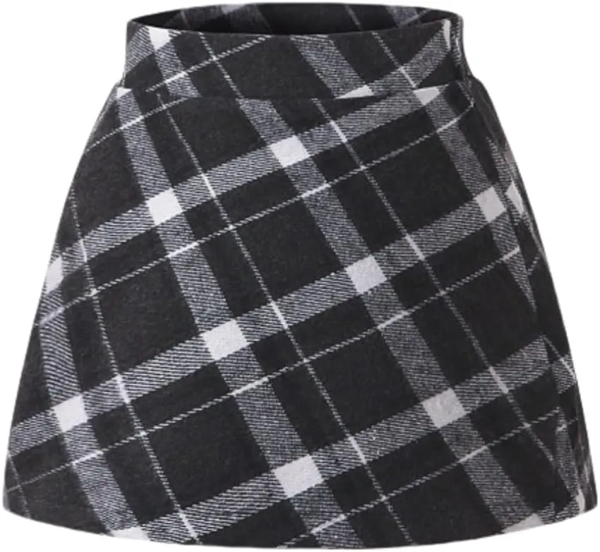 Girls Wool Plaid Mini Skirt Fall Winter High Waisted Bodycon Pencil Uniform Skirts