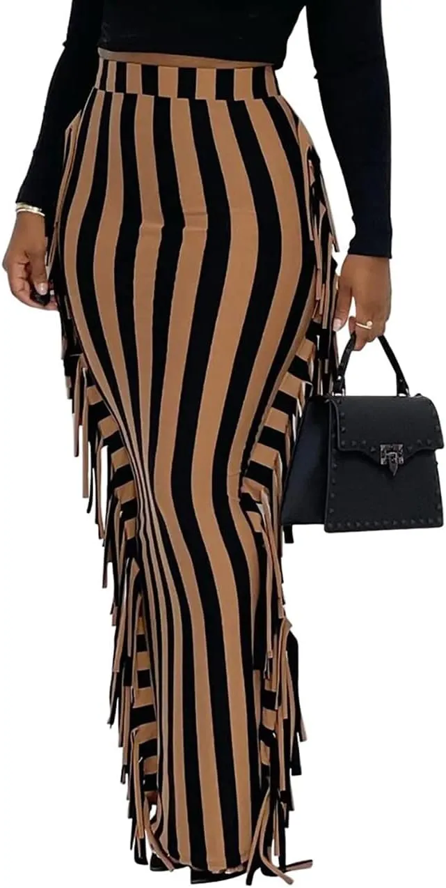 GOLDSTITCH Women's High Waist Slim Bodycon Tassels Long Maxi Pencil Skirts