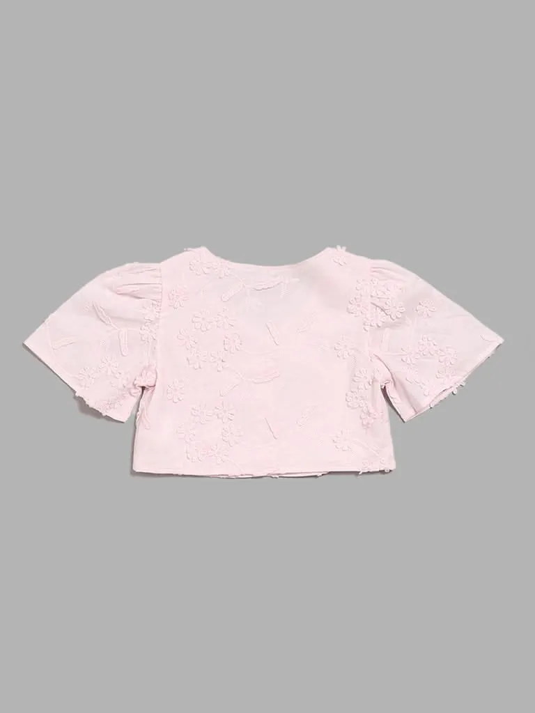 HOP Kids Pink Floral Embroidered Crop Top