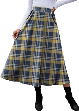 HUSKARY Plaid Skirts for Women 2025 Fall Winter Classic A Line High Elastic Waist Trendy Long Midi Skirt with Pockets