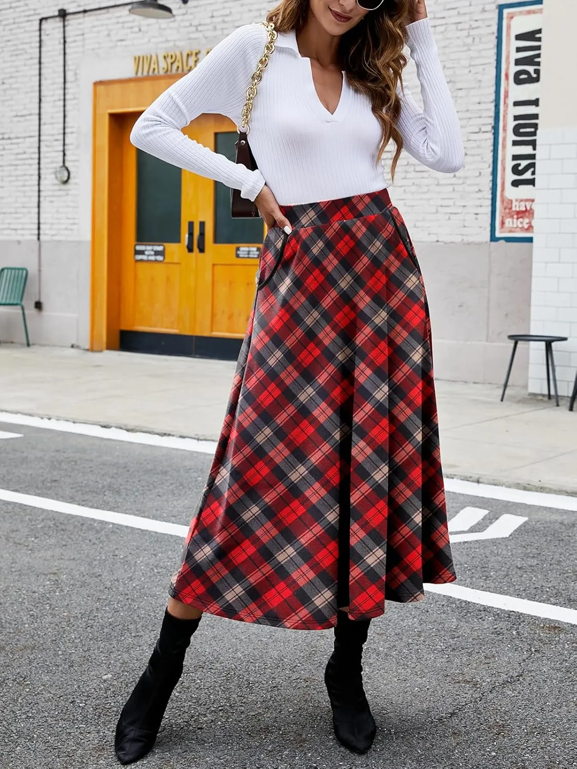 HUSKARY Plaid Skirts for Women 2025 Fall Winter Classic A Line High Elastic Waist Trendy Long Midi Skirt with Pockets