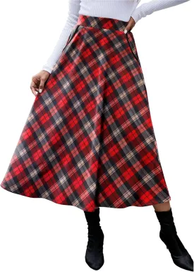HUSKARY Plaid Skirts for Women 2025 Fall Winter Classic A Line High Elastic Waist Trendy Long Midi Skirt with Pockets