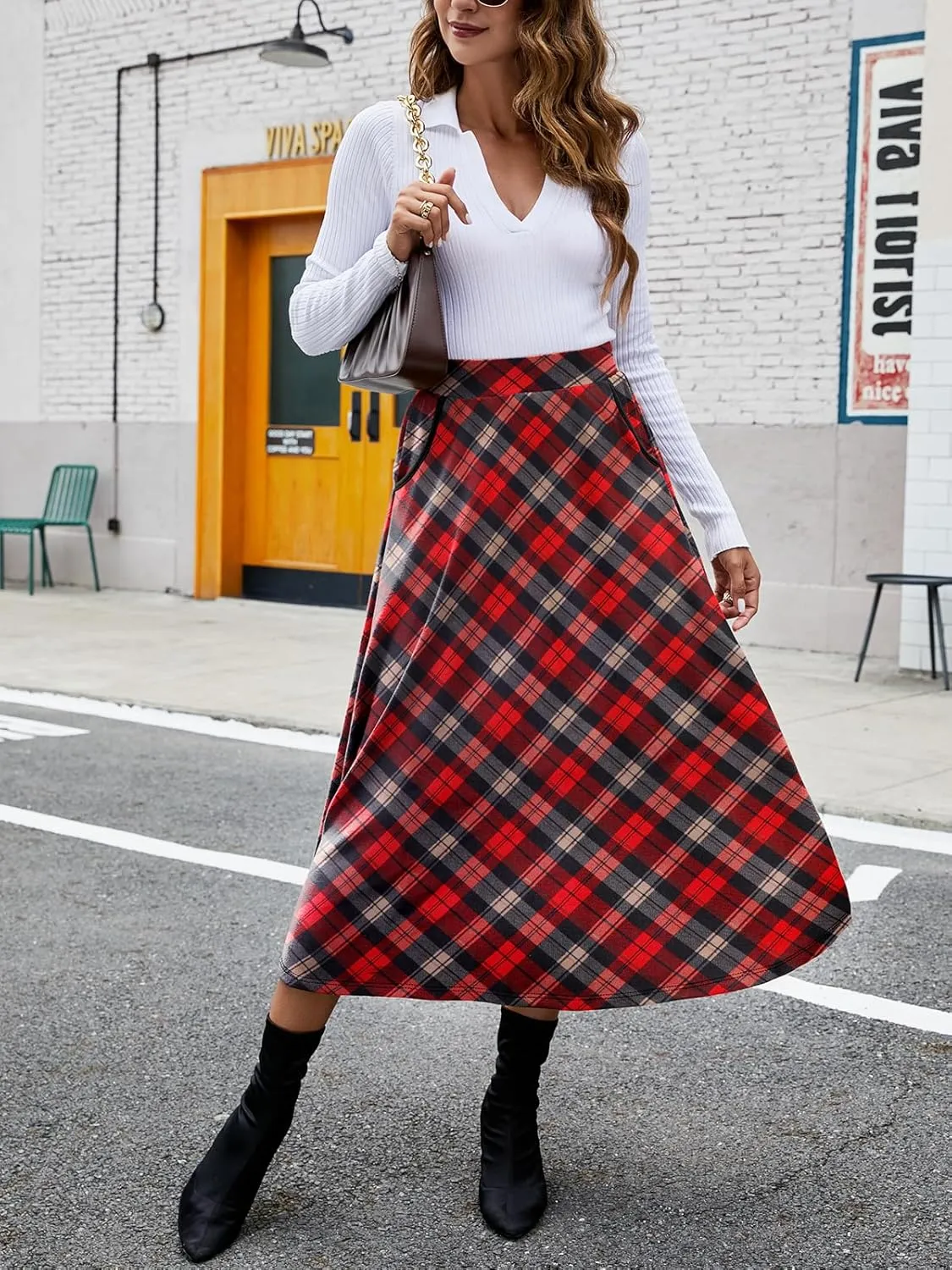 HUSKARY Plaid Skirts for Women 2025 Fall Winter Classic A Line High Elastic Waist Trendy Long Midi Skirt with Pockets