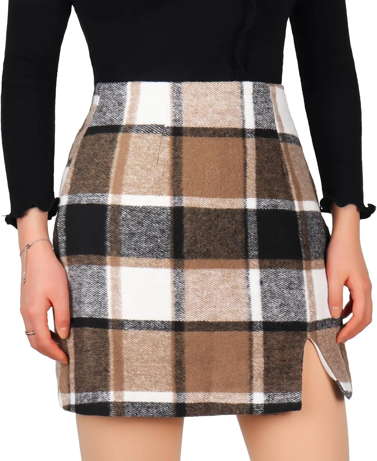 Ibeauti Women's High Waist Plaid Skirt Side Split Bodycon Pencil Mini Skirt