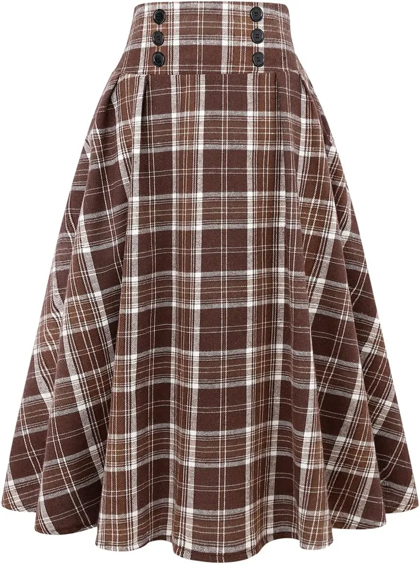 IDEALSANXUN Plaid Skirt for Womens High Waist Aline Pleated Midi Skirts