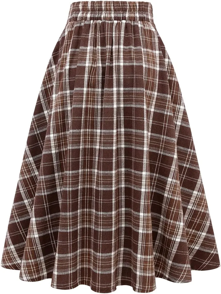 IDEALSANXUN Plaid Skirt for Womens High Waist Aline Pleated Midi Skirts