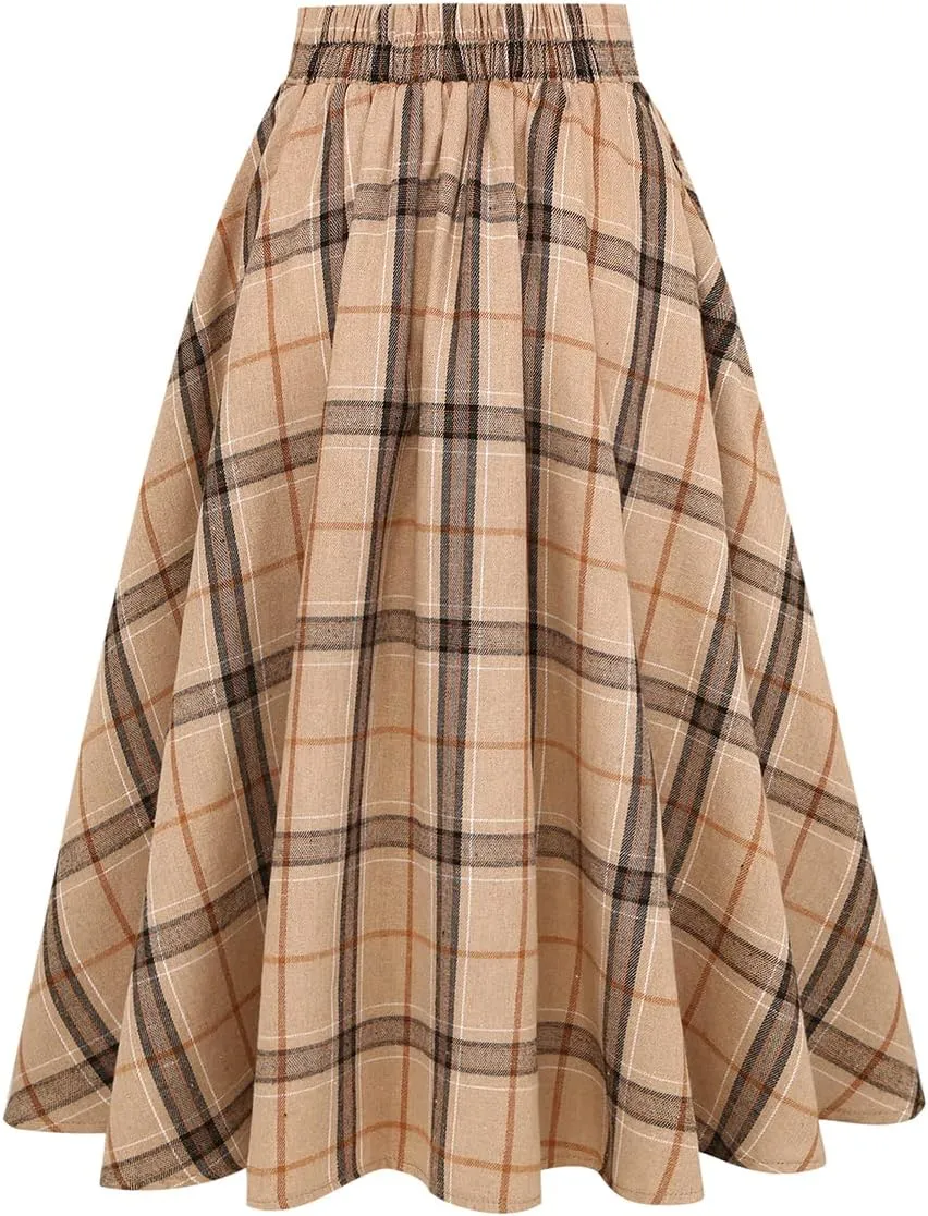 IDEALSANXUN Plaid Skirt for Womens High Waist Aline Pleated Midi Skirts