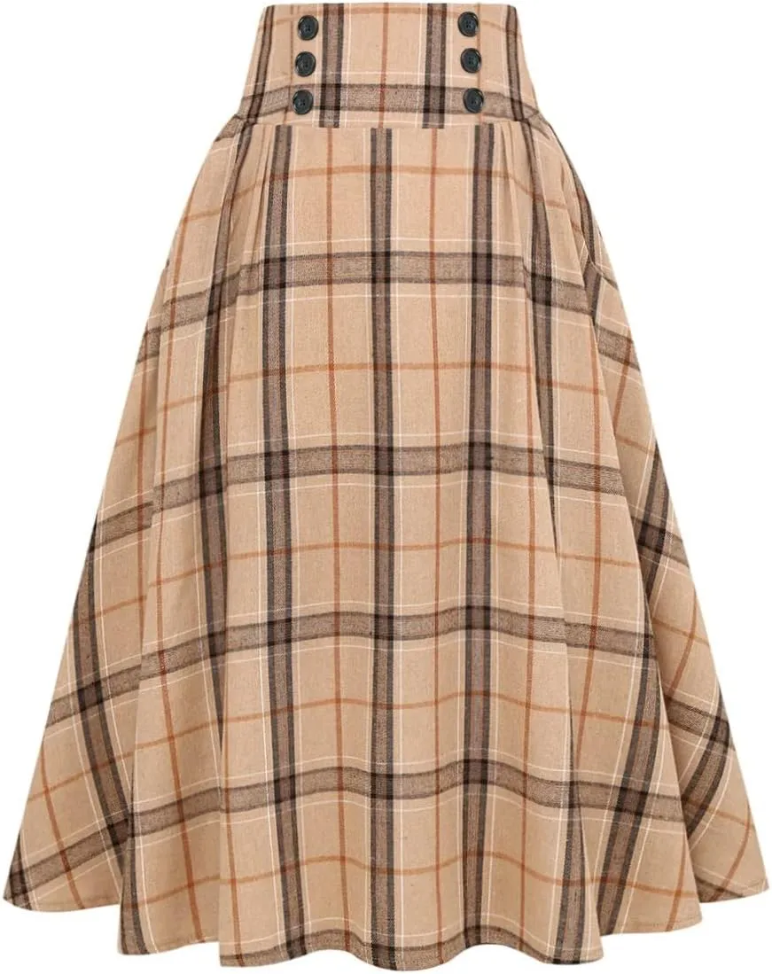 IDEALSANXUN Plaid Skirt for Womens High Waist Aline Pleated Midi Skirts