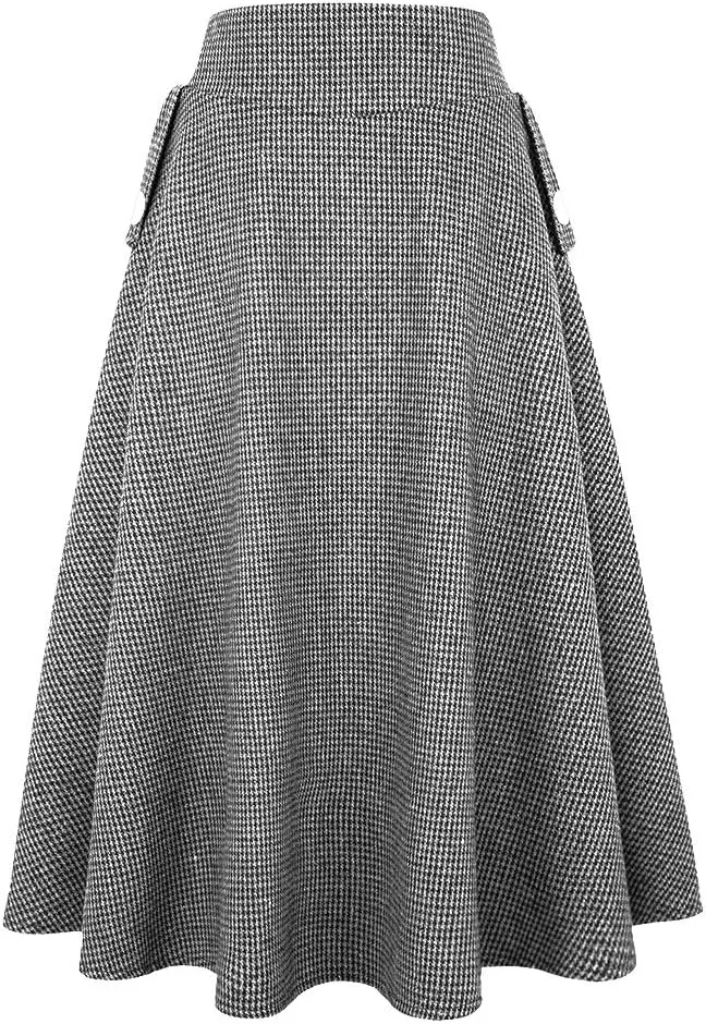 IDEALSANXUN Womens Fall Winter High Waisted Wool Plaid A-line Long Skirt