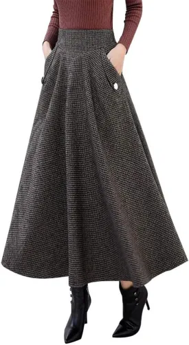 IDEALSANXUN Womens Fall Winter High Waisted Wool Plaid A-line Long Skirt