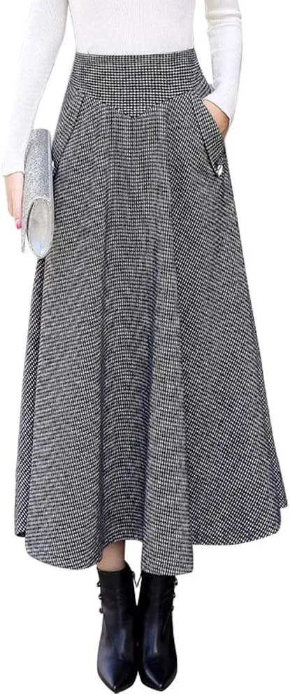 IDEALSANXUN Womens Fall Winter High Waisted Wool Plaid A-line Long Skirt
