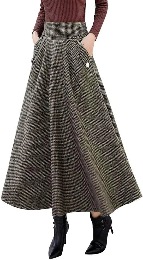 IDEALSANXUN Womens Fall Winter High Waisted Wool Plaid A-line Long Skirt