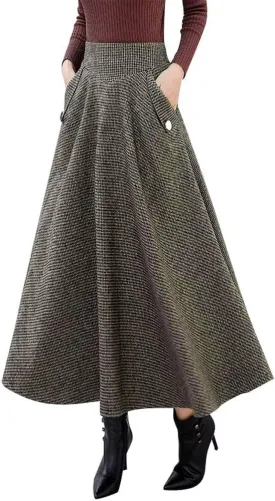 IDEALSANXUN Womens Fall Winter High Waisted Wool Plaid A-line Long Skirt