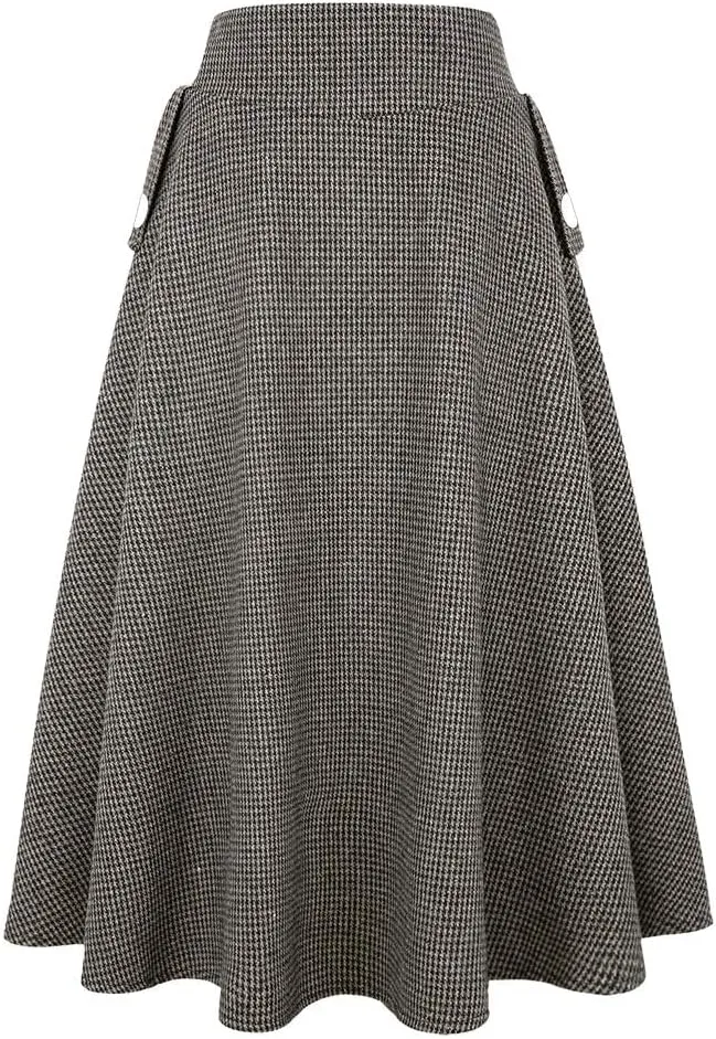 IDEALSANXUN Womens Fall Winter High Waisted Wool Plaid A-line Long Skirt