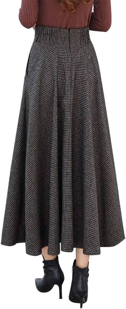 IDEALSANXUN Womens Fall Winter High Waisted Wool Plaid A-line Long Skirt