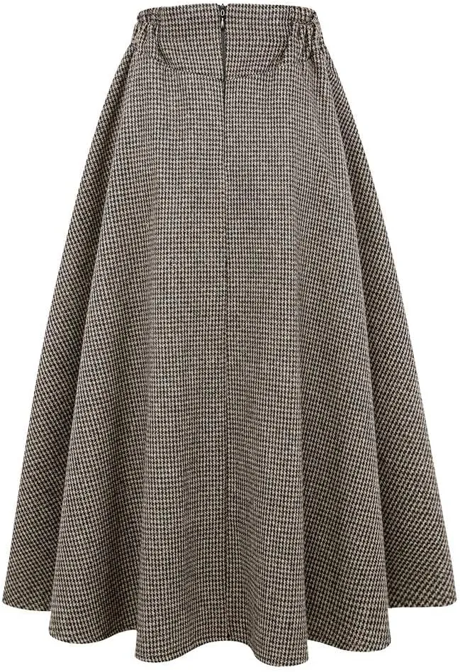 IDEALSANXUN Womens Fall Winter High Waisted Wool Plaid A-line Long Skirt