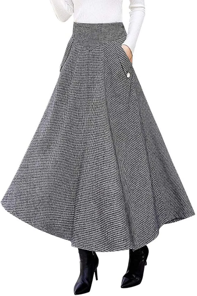 IDEALSANXUN Womens Fall Winter High Waisted Wool Plaid A-line Long Skirt