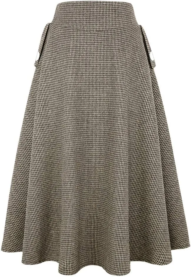 IDEALSANXUN Womens Fall Winter High Waisted Wool Plaid A-line Long Skirt