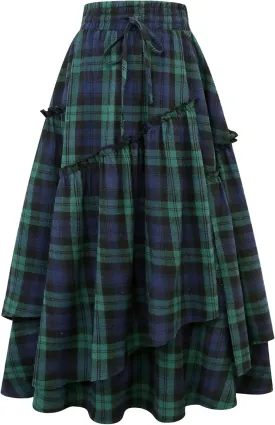 IDEALSANXUN Womens Long Plaid Skirts High Waisted A Line Renaissance Maxi Skirt with Pockets